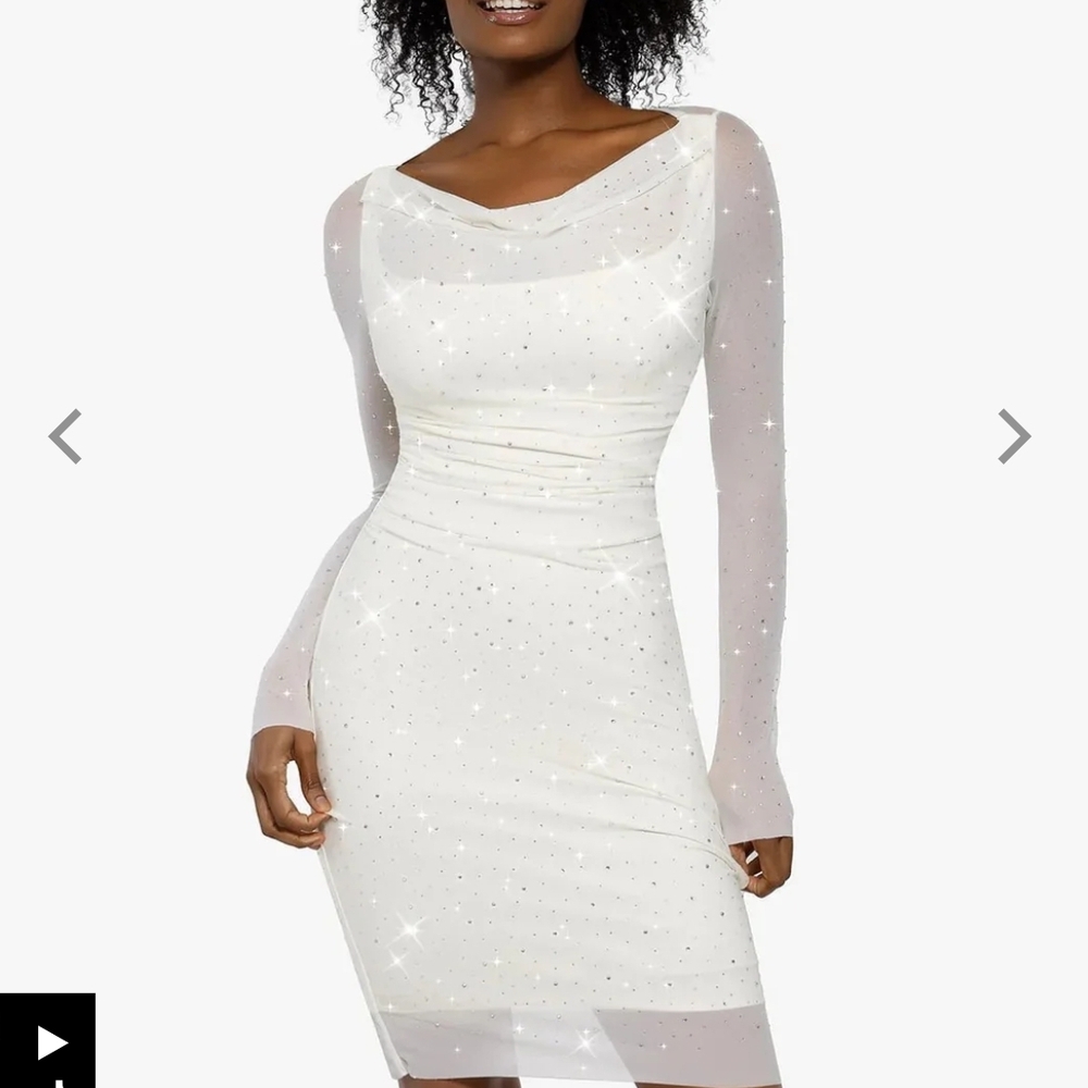 Shapewear Heat-Set Crystal Mesh L Sleeve Slim Mini Dress Size M WHITE Popilush